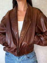 Load image into Gallery viewer, Vintage Cognac Cropped Leather Jacket