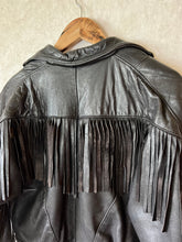 Load image into Gallery viewer, Vintage Cropped Studded Black Leather Fringe Jacket