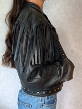 Load image into Gallery viewer, Vintage Cropped Studded Black Leather Fringe Jacket