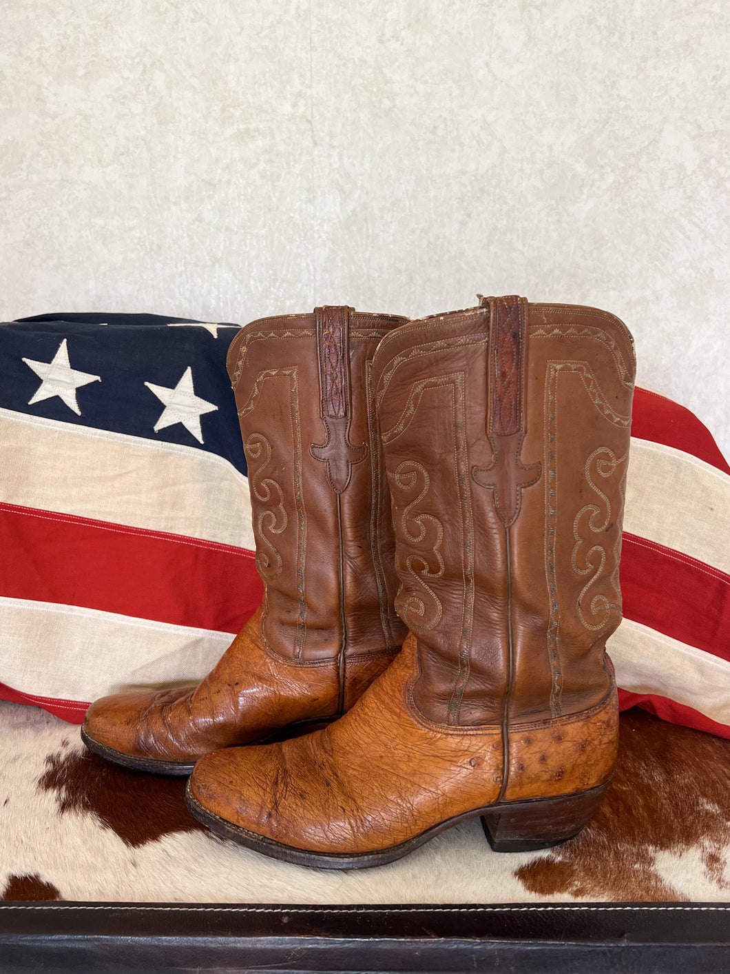 Lucchese Two Tone Ostrich Exotic Vintage Cowboy Boots