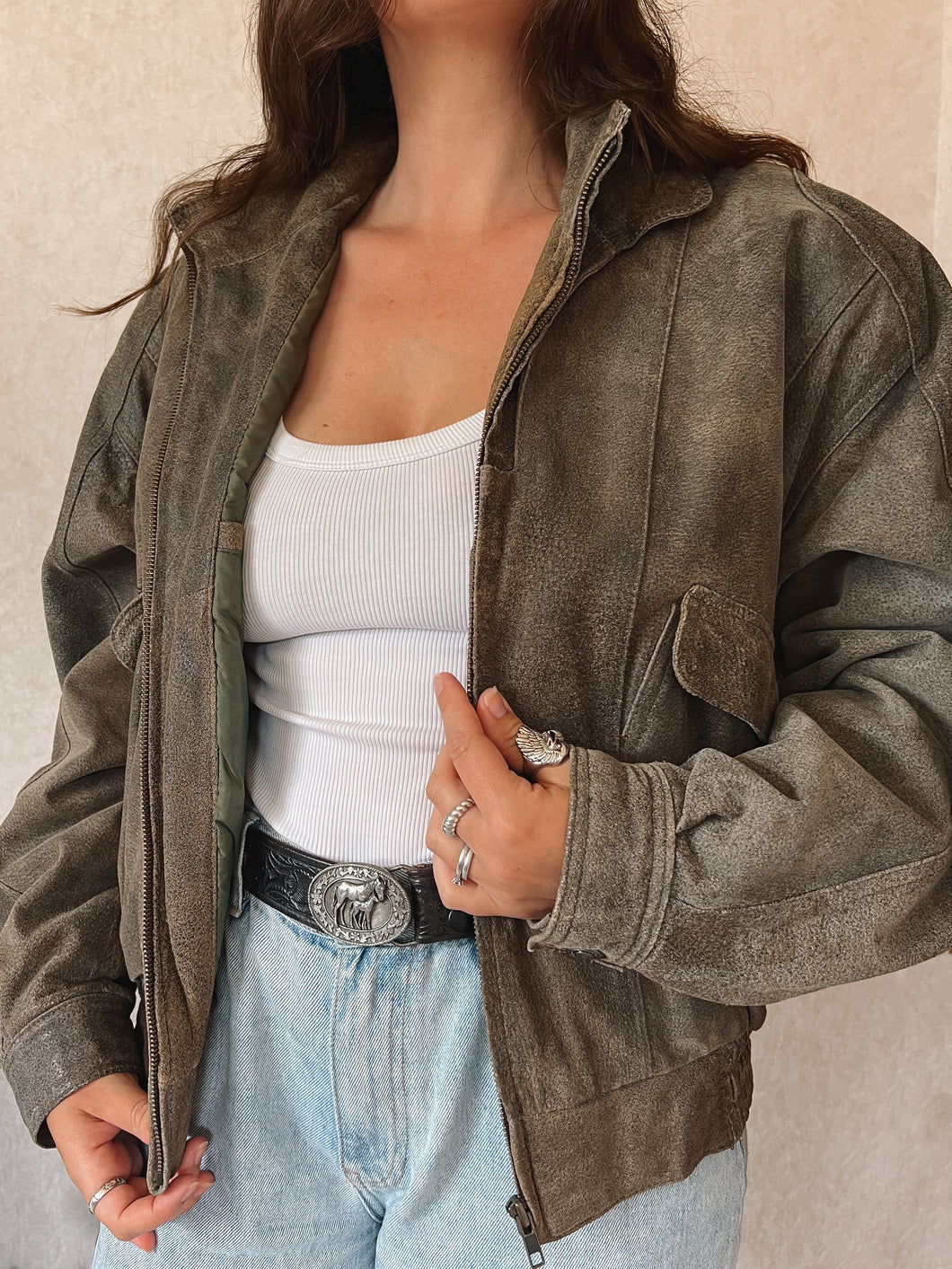 Vintage 90's Taupe Suede Bomber Flight Jacket