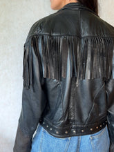 Load image into Gallery viewer, Vintage Cropped Studded Black Leather Fringe Jacket