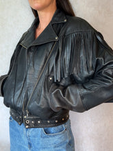 Load image into Gallery viewer, Vintage Cropped Studded Black Leather Fringe Jacket
