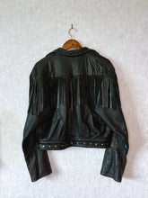 Load image into Gallery viewer, Vintage Cropped Studded Black Leather Fringe Jacket