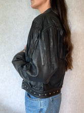 Load image into Gallery viewer, Vintage Cropped Studded Black Leather Fringe Jacket