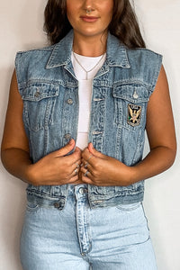 Boxy Semi-Cropped Patched Denim Vest