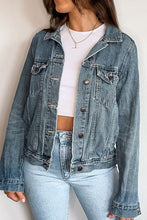 Load image into Gallery viewer, Distressed Oversized Patched Denim Trucker Jacket